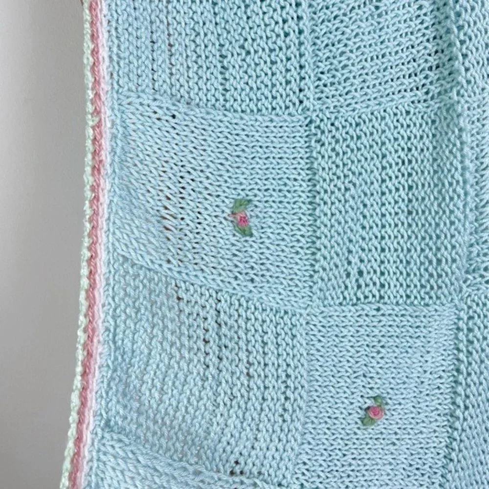 Vintage Blue Crochet Rosebud Handmade Blanket